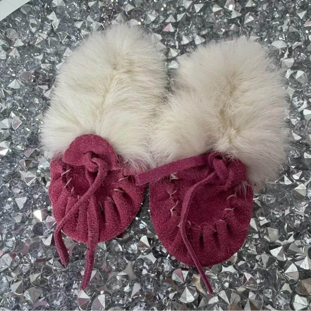 Moccasin mukluks slippers rose pink white rabbit fur made in Canada 🇨🇦 winter